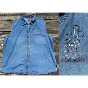 Vtg 90s Disney Mickey Mouse Chambray Denim Shirt Womens 18/20 Plus Sleeveless